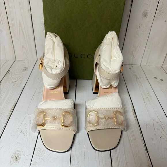 Gucci Nappa Horsebit Cross Strap Sandals Mystic White Sz 40.5 / 10.5 - Picture 5 of 14